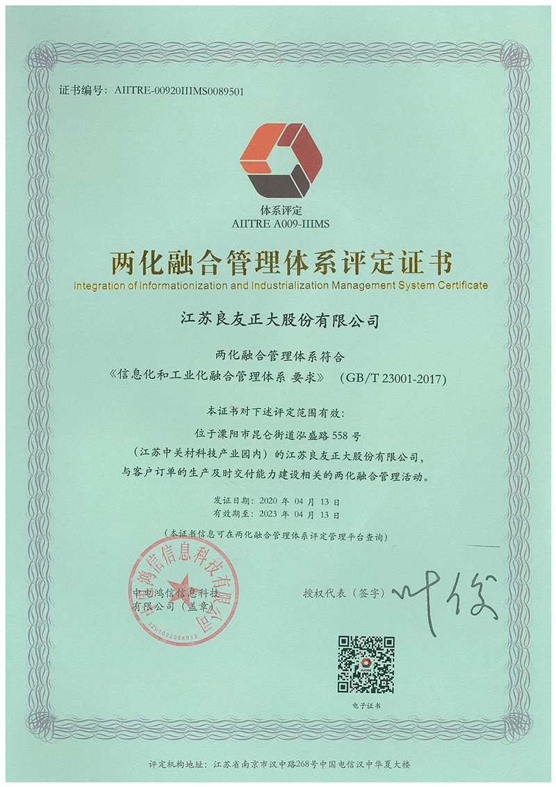 喜訊|良友股份榮獲國(guó)家“兩化融合管理體系評(píng)定證書(shū)“(圖2)