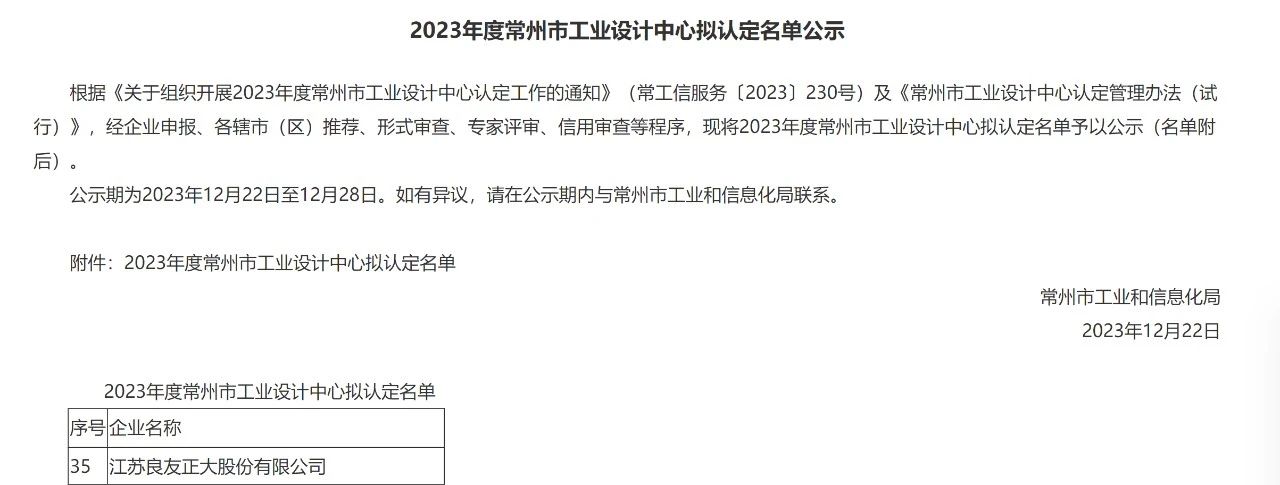 喜訊 | 良友股份榮獲2023年度“常州市工業(yè)設(shè)計中心”認(rèn)定(圖1)